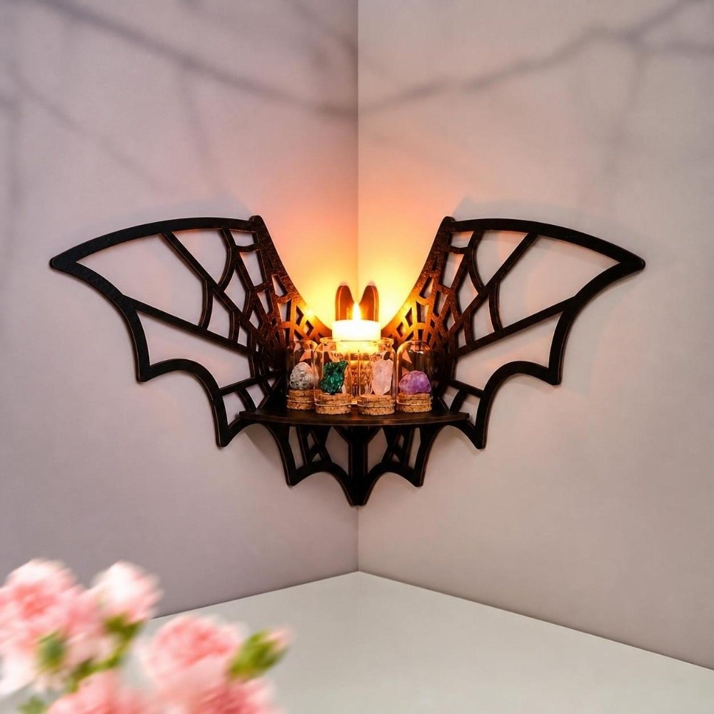 Home Bar Shelf - Drewniana półka narożna w kształcie nietoperza